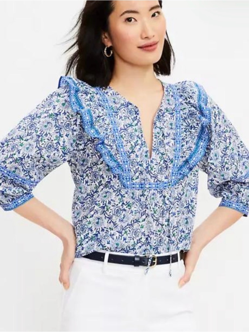 LOFT Blue Floral Ruffle-Trim Blouse